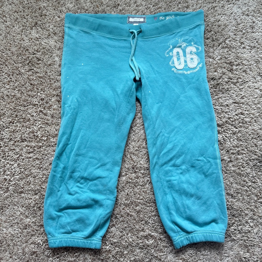 Y2K Aerie Girly Crop Sweatpants Turquoise Blue Sequin 06 Graphic Joggers Medium